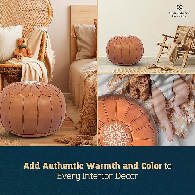 Marrakesh Gallery Genuine Leather Round Pouf Unstuffed - Moroccan Ottoman Footstool, Footrest Cover - Boho Decor - Bohemian Living Room, Bedroom, Kids Room, Gift & Wedding