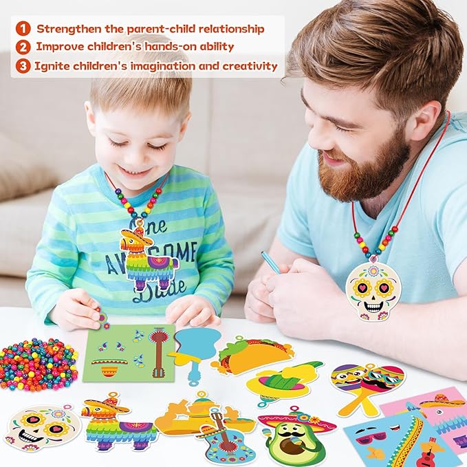 Qyeahkj Mexican Fiesta Craft Kit for Kids - 32 Pack DIY Necklaces, Taco Stickers, Arts Hanging Decoration, Party Supplies Favor, Ideal for Classroom Activities & Gift Exchange