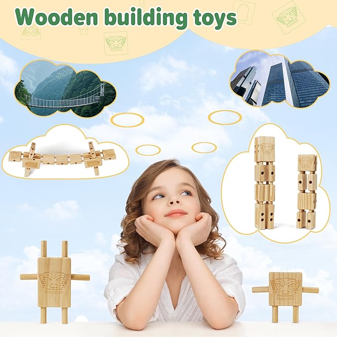 Stacking Blocks for Toddlers 1-3, Natural Wooden Blocks, 44 Pcs Stacking Building Block Toy Set, Early Learning Toys & Gifts for Kids, Montessori Toys with Canvas Storage Bag, Boys & Girls 12+ Months