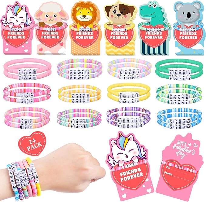MOVINPE Valentines Day Cards for Girls Classroom Bulk, 24 Pack Friendship Bead Bracelets with Valentines Day Gift Cards, Classroom Prizes, Exchange Gift, Valentine’s Day Cards for Kids School