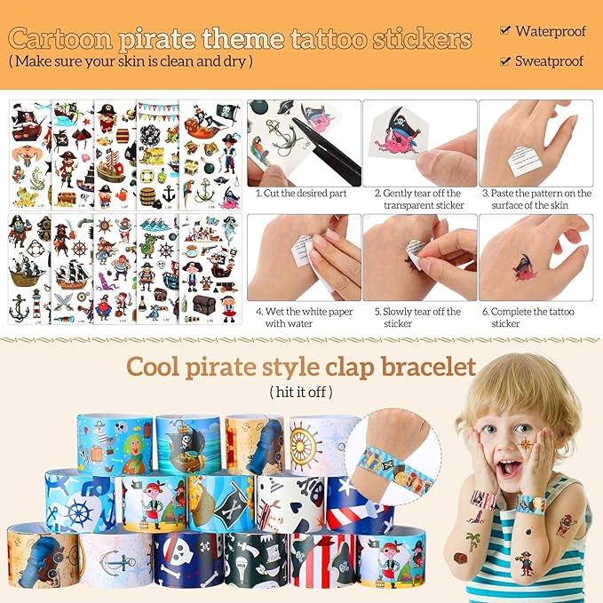 Spakon 283 Pcs Pirate Party Favors Supplies Halloween Party Include Pirate Pendants Bracelets Cup Straw Keychains Rings Eye Masks Mustache Tattoo Stickers Gold Coins Cards for Birthday Party