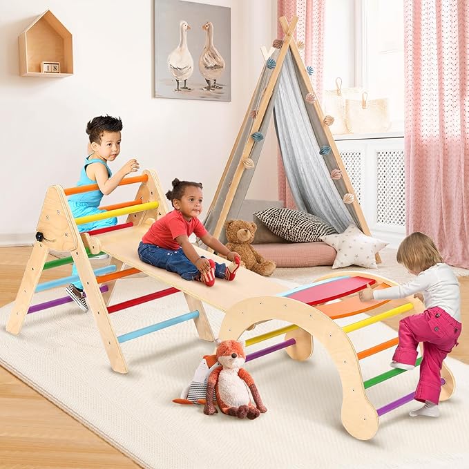 YOLEO 7-in-1 Pikler Triangle Set, Large Wooden Climbing Toys for Toddlers 1-3 Inside, Montessori Fun Toddler Climbing Toys Indoor Playground and Jungle Gyms Playset,Easy-Fold Pikler Triangle (Rainbow)