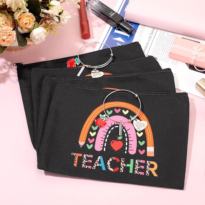 8 Pcs Teacher Appreciation Gift Set for Women, 4 Teacher Makeup Pouch Cosmetic Bags and 4 Bangle Bracelets, Christmas Valentines Thank You Gifts for Teacher (Rainbow Style)