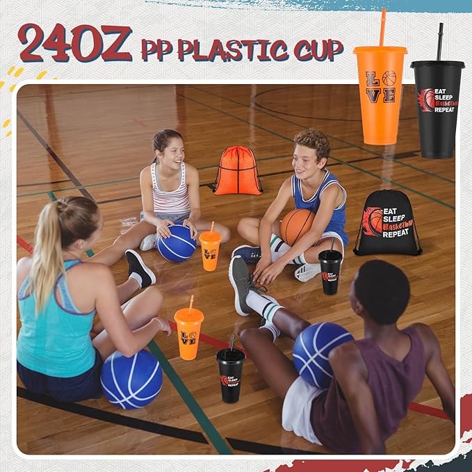 Yungyan 48 Pcs Basketball Party Favors Set Basketball Goodie Bags 24oz Basketball Cups with Lids Sport Drawstring Bags Basketball Hair Ties Bracelets for Team Gifts Basketball Party Supplies
