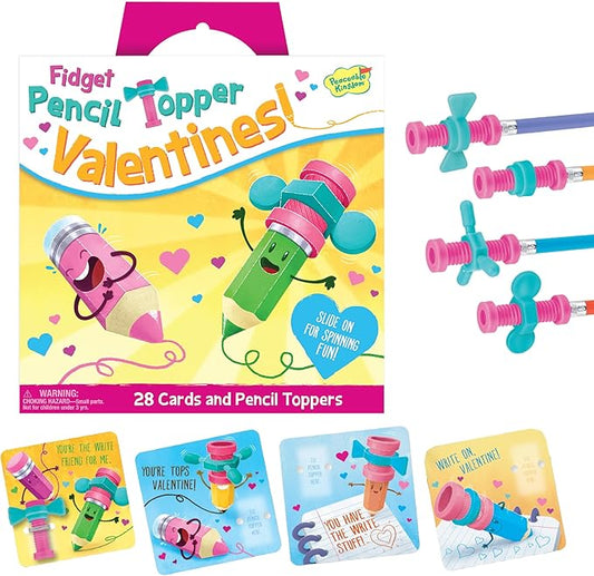 Peaceable Kingdom Valentines Cards for Kids Classroom, Set of 28 Valentines Day Gifts - Fidget Spinner Pencil Toppers