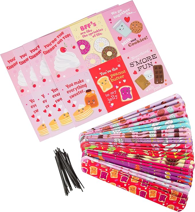 Set of 24 Valentines Cards for Kids Classroom - Valentine's Day Sweet Pals Slap Bracelets for Kids School - Each Valentines Gift Includes a Friendship Bracelet & Card for Boys Girls Classroom Exchange