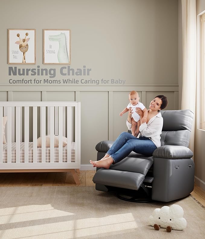 Oversized Power Recliner Chair - Electric 360° Rocker Swivel Recliner with Heat and Massage, PU Leather Large Recliners for Adults, Comfortable Lazy Chair with 1.5X Sponge Filling