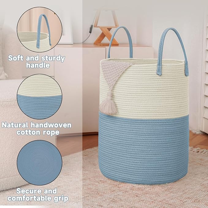 JMvicyroam Large Woven Laundry Basket Hamper,60L Cotton Rope Storage Bin for Blankets,Toys and Clothes,Decorative Tall Nursery Hamper for Living Room,Baby Nursery,Bathroom and Bedroom,White and Blue