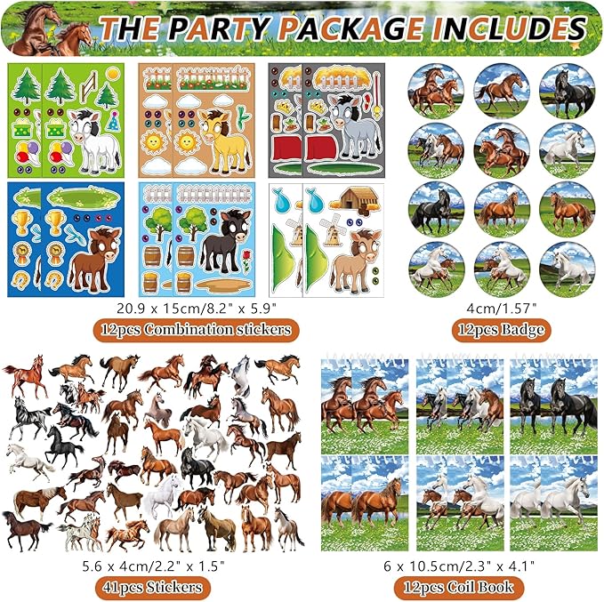 113 PCS Horse Party Favors Set, 41 Horse Stickers, 12 Goodie Bags,12 Button Badges, 12 Keychains, 12mini notepads,12 rubber bracelets for Cowboy Cowgirl Animal Horse Birthday Party Supplies (Blue)