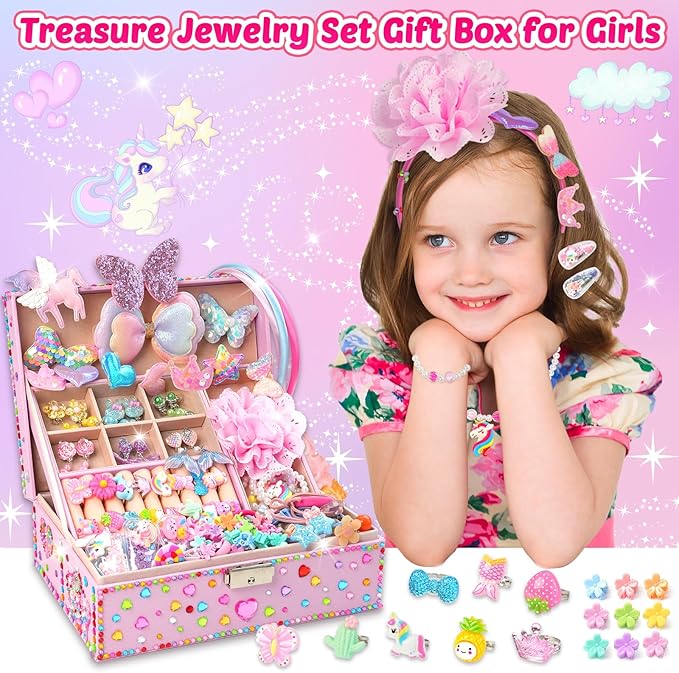 ZMLM Jewelry Gifts Toys for Girls: Unicorn Jewelry Box Ring Earring Necklace Set Valentines Day Gifts Easter Birthday Gifts, Art Craft DIY Headband Making, Pretend Play Toys for Girls 4 5 6 7 8 9 10