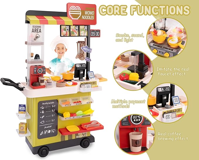 Kids Kitchen Play Set,Interactive Kids Kitchen Play Set with 88Pcs of Kitchen Toys,Realistic Sound Effects,and Simulated Functionality - Suitable for Toddlers (Yellow Kitchen Play Set)