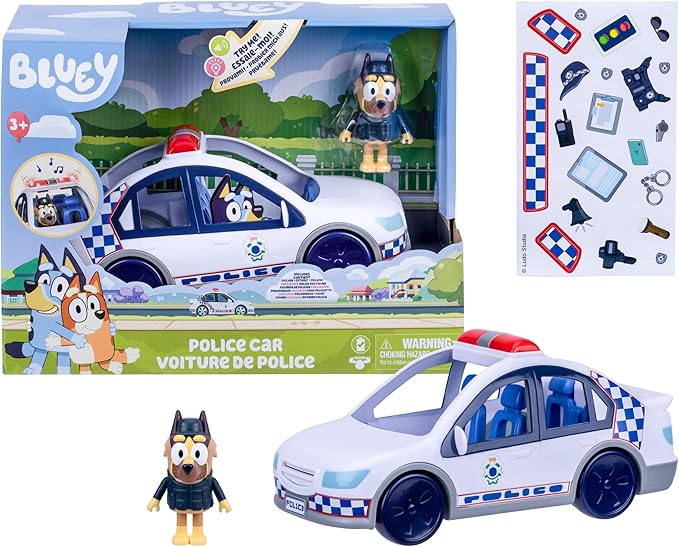 Bluey Police Car Toy, Vehicle from The Special Episode The Sign. Includes Toy Police Car with Flashing Lights & Sounds, Policeman Figure, and Themed Sticker Set. Batteries Included.