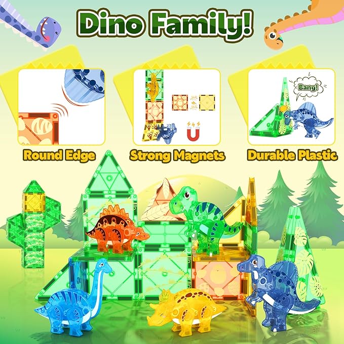 Dinosaur Toys Magnetic Tiles 3D Movable Dinos for Kids 3-5 5-7 Toddler Outdoor Sensory Toys, STEM Educational Magnetic Blocks for 3+ Years Old Boys Girls Kids Toys