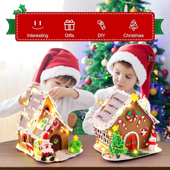 Fovths 4 Sets Clay Christmas Gingerbread House Kit with Lights Craft Cardboard Gingerbread House DIY Christmas Decorations Holiday Activity Arts and Crafts for Christmas Party Supplies Decoration