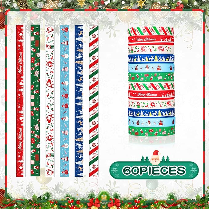 Wettarn 60 Pcs Christmas Bracelets Prizes for Kids Xmas Party Favors Silicone Wristbands Snowman Santa Claus Reindeer Bracelet for Kids Adults Festival Party Supplies Stocking Stuffers Gift