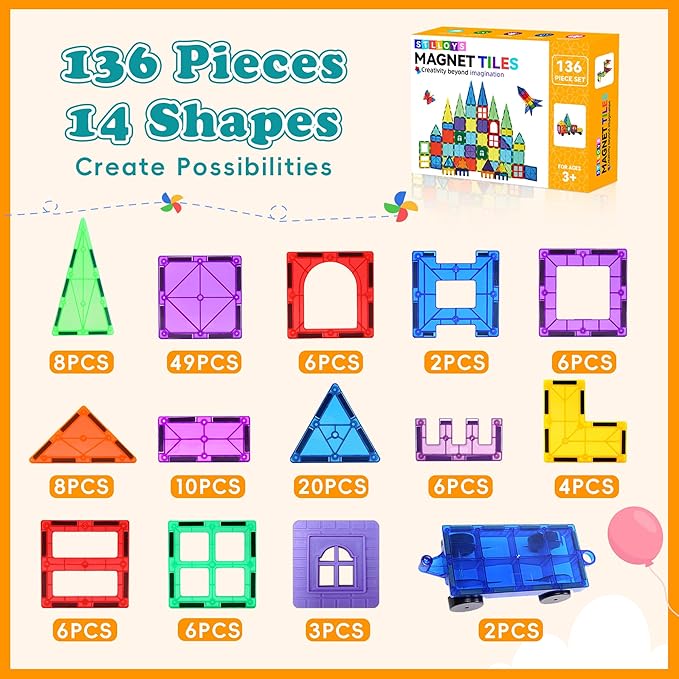 Magnetic Tiles, 136 PCS Magnetic Building Blocks with 2 Cars, Magnet Tiles Construction Building Toys, STEM Sensory Toys Easter Birthday Gifts for Toddlers Kids Boys 3 4 5 6 7 8 9+ Year Old