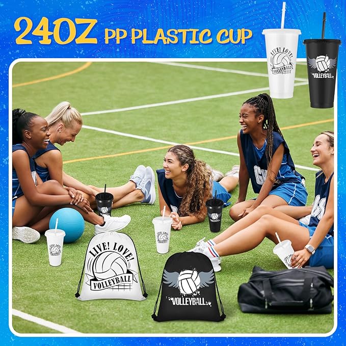 Yungyan 48 Pcs Volleyball Party Favors Set Volleyball Goodie Bags 24oz Volleyball Cups with Lids Sport Drawstring Bags Volleyball Hair Ties Bracelets for Team Gifts Volleyball Party Supplies