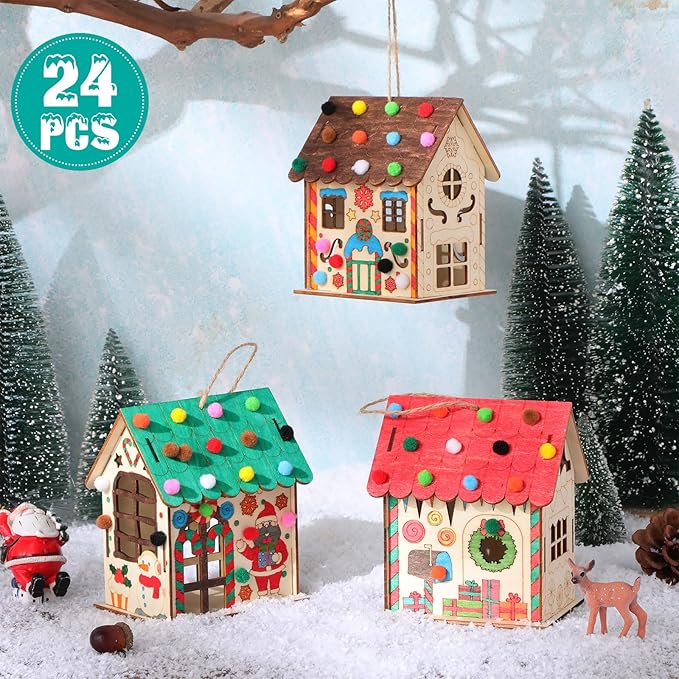 DoubleFill 24 Pcs Wood Gingerbread House Craft Kit for Kids DIY Wooden Christmas Birdhouse Craft Kits Holiday Village Houses Make a Gingerbread Wooden House for Xmas Party Game Craft Supplies