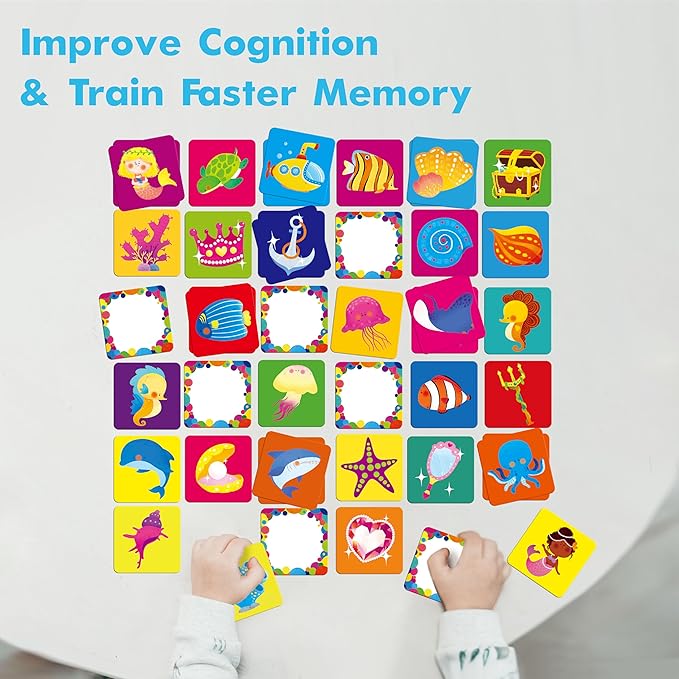 Hebayy 72 PCS Mermaid World Memory Matching Game, Marine World Matching Cards for Toddlers 36 Pairs Memory Cards Educational Toys for Preschool 4 5 6 Years Old