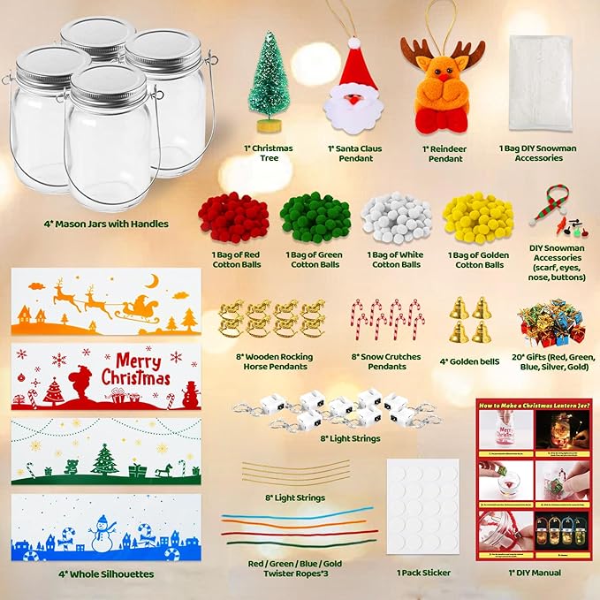 Christmas Crafts Activities For Kids Ages 3-12,4 Pack Glass Mason Jar for School Christmas Art Activities,Christmas Craft Supplies,DIY Lantern Jar for Gifts Christmas Party Favors,Classroom Prizes