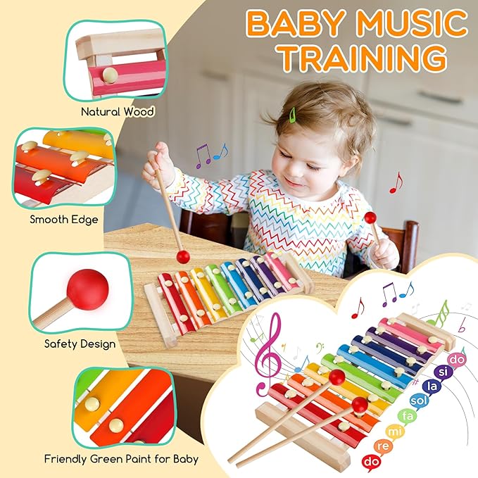 Montessori Baby Toys for 1+ Year Old - Sorting Stacking Learning Toys 6 to 12 Months, Wooden Building Blocks, Xylophone Musical, Infant Teethers Toys for Babies, 6 in 1 Toy Gifts for Toddlers