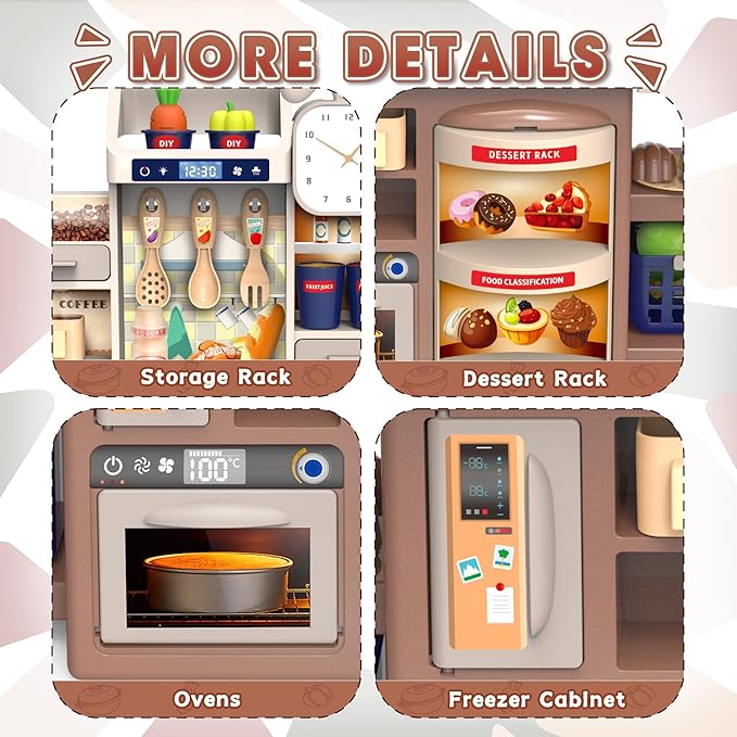 Mini Kids Kitchen Playset with Apron, Play Kitchen Toy with Realistic Steam and Lights, Play Sink and Toy Kitchen Accessories, Pretend Play Gift for Toddlers 3-5 Boys Girls (Grey)