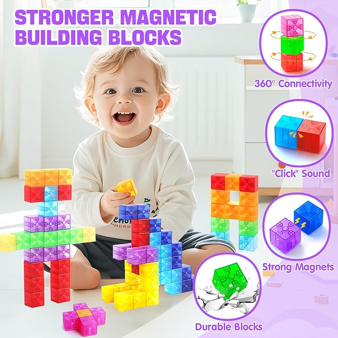 Magnetic Blocks - 32pcs Translucent Magnetic Building Blocks for Toddlers 1-3, STEM Rainbow Magnetic Cubes for Kids Ages 2-4, Magnet Toys for Kids 3-5, Christmas Birthday Gifts for Girls & Boys