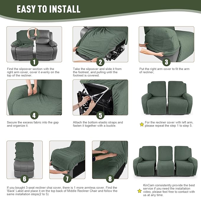 KinCam Recliner Covers, Stretch Reclining Chair Covers, Recliner Sofa Slipcovers Stripe Jacquard Recliner Couch Covers Furniture Protector Covers for Pet Kid (3 Seater, Greyish Green)