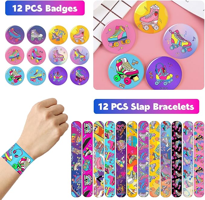 110PCS Roller Skate Party Favors with Slap Bracelets, Stickers, Key Chains, Pin Badges, Tattoos and Gift Bags for Kids Throwback 90s Hip Hop Roller Skating Birthday Party Decorations Supplies