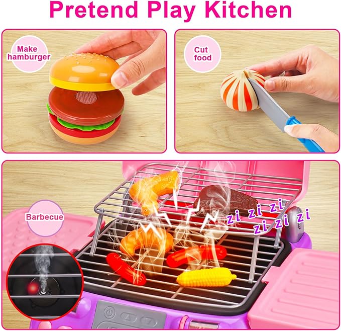 Kids BBQ Grill Playset Kitchen Toy Set with Pretend Smoke Sound Light Toddler Girls Pink Play Food Ages 2-4 3-5 4-8 Indoor Outdoor Cooking Barbecue Toys for 2 3 4 Year Old Girl Birthday Valentine Gift