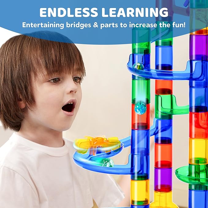 JOYIN 170Pcs Glowing Marble Run, Construction Building Blocks Toys with 5 Glow in The Dark Glass Marbles, STEM Educational Building Block Toy(120 Plastic Pieces + 50 Glass Marbles)