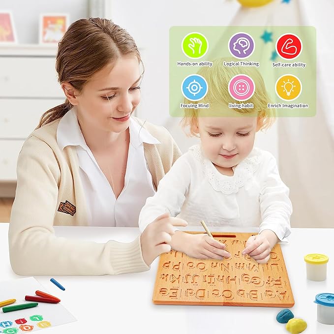 TanFans Wooden Alphabet Tracing Board - Montessori Educational Toy for Preschool - Fine Motor Skills Development - Learn to Write ABC - Double-Sided Letter Practice Tool - Ideal Gift for 3-5 Years Old