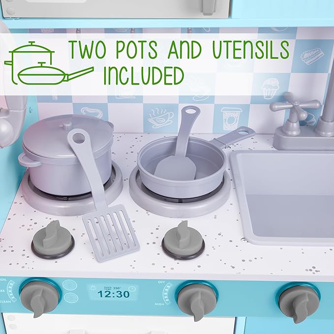 Lil' Jumbl Kids Kitchen Set, Pretend Wooden Play Kitchen with Chalk Board, Play Phone, Towel Rack & Ice Dispenser, Clicking Knobs, Pots & Utensils Included - Blue