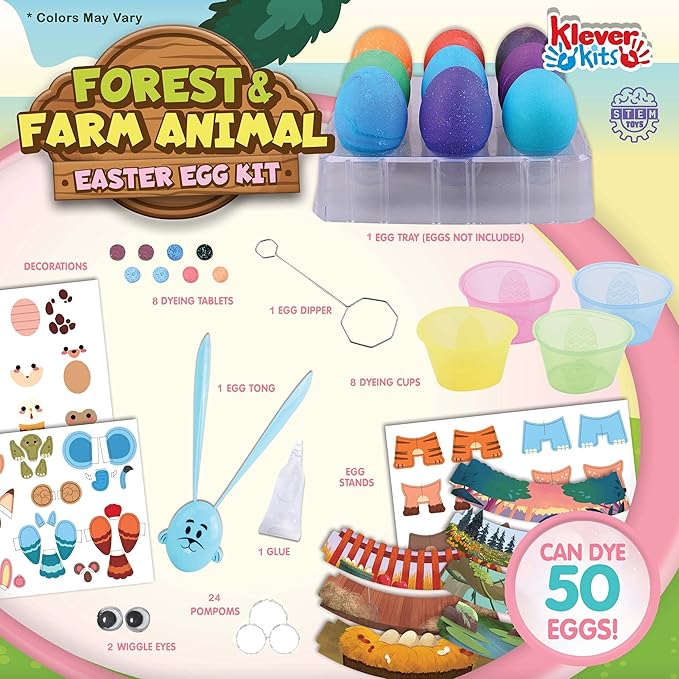 Klever Kits 53Pcs Easter Egg Decorating Kit, Easter Egg Dye Kit with Animal Decorated Papercuts, Face Stickers for Kids Easter Party Favor, Creativity Activity, Egg Hunt, Easter Party Decorations