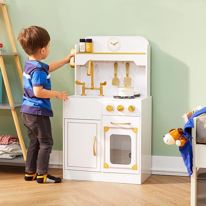 Teamson Kids Versailles Petite Classic Kids Wooden Interactive Play Kitchen, White with Faux White Marble and Gold