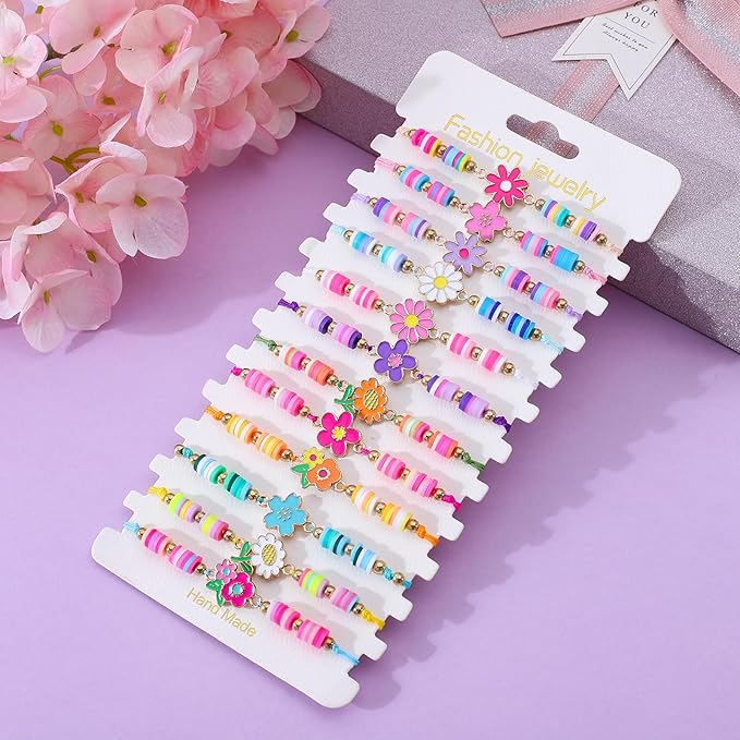 12 Pcs Kids Bracelet for Girls Toddler Jewelry Groovy Flower Princess Party Favors Friendship Bracelets Adjustable Pretend Play Goodie Bag Classroom Reward