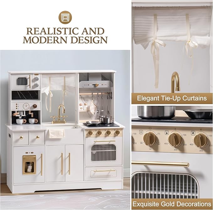 ROBOTIME Wooden Play Kitchen for Toddlers and Kids, Toy Kitchen Set with Ice Maker and Coffee Machine, Realistic Toddler Kitchen Set, Gift for Girls Boys Ages 3+ White