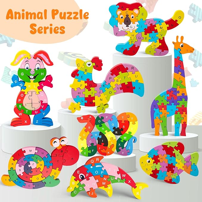 LOVESTOWN Alphabet Jigsaw Puzzle, Building Blocks Animal Wooden Puzzle, Wooden Snake Letters Numbers Block Toys for Kids Birthday Gifts