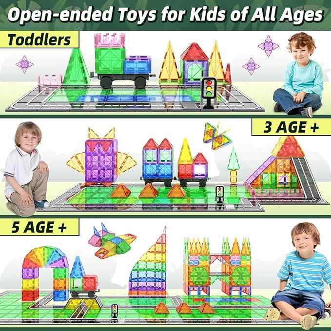 Magnetic Tiles Road Sets with Car Kits -Magnet Building Blocks Montessori Toys for Toddlers | Preschool Educational Sensory Construction Toys for Ages 3 4 5 6 7 Boys and Girls
