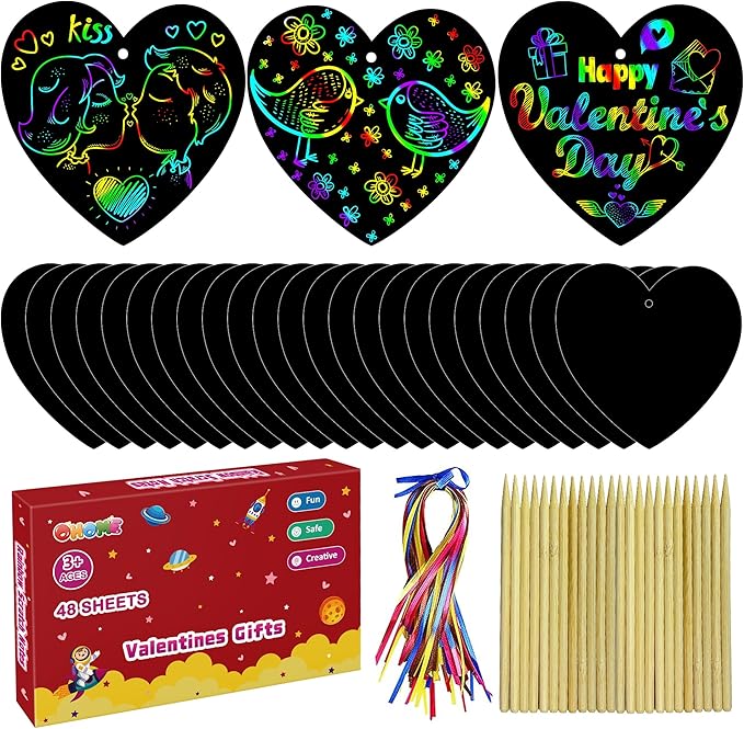 OHOME Valentines Day Crafts for Kids - 48 PCS Valentines Magic Rainbow Scratch Paper Cards Set,Kids Valentines Day Gifts for School Classroom - Valentines Treats Toys Games Party Favors for Toddler