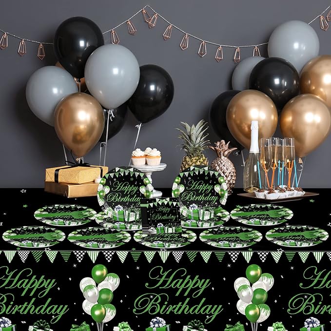 Green Happy Birthday Party Supplies Green Silver Black Party Tableware Includes Confetti Sprinkles Plates Napkins Fork and Green Birthday Tablecloth for Birthday Parties Decorations Set Serve 20