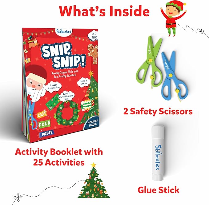 Skillmatics Art & Craft Christmas Kit - Snip, Snip Holiday Magic, Develop Scissor Skills, Child Safe, TikTok Viral Sensation, Fun & Creative, Gifts for Ages 3, 4, 5, 6, 7