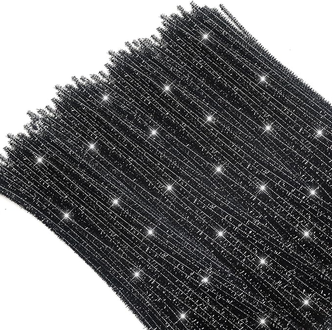 TOAOB 100pcs Christmas Glitter Pipe Cleaners Black Metallic Pipe Cleaners Craft Supplies 6mm x 12 Inch Chenille Stems Pipe Cleaners for Art DIY Crafts Decorations