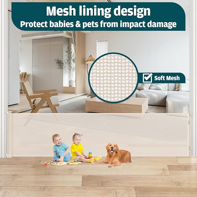 105 Inch Retractable Baby Gates Extra Wide Retractable Dog Gate Extra Wide Baby Gates for Large Openings Extra Long Dog Gates for Doorways Indoor Outdoor Extra Large Pet Gates for Dogs, Beige