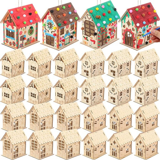 DoubleFill 24 Pcs Wood Gingerbread House Craft Kit for Kids DIY Wooden Christmas Birdhouse Craft Kits Holiday Village Houses Make a Gingerbread Wooden House for Xmas Party Game Craft Supplies