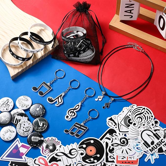 Seajan 110 Pcs Music Party Favors Include Music Notes Silicone Bracelets Musical Note Necklaces Keychains Stickers Badges Organza Gift Bag Fillers for Music Themed Birthday Party Supplies Decorations