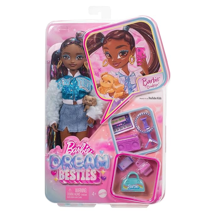 Barbie Dream Besties Playset, Brooklyn” Posable Fashion Doll with Long Black Hair, 9 Music-Themed Accessories