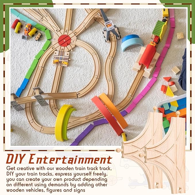 2 Pieces Wooden T Train Track Accessories for Toy Train Wood Track Bridges and Tunnels Multi Way Switch Expansion Compatible with Most Railroad Set
