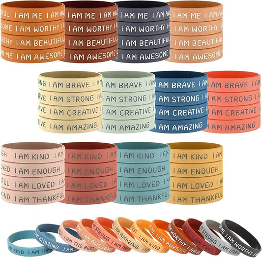 Sratte 48 Pcs Inspirational Silicone Wristbands Rubber Stretch Unisex Bracelets Student Gift Stocking Suffers for Class(Bright Color)