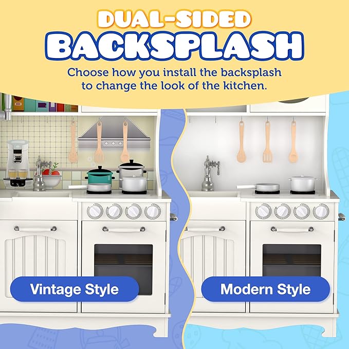 Play Kitchen - Wooden Kitchen Playset for Toddlers & Kids - Large Pretend Kitchenette for Boys & Girls - Step by Step Assembly Video Included- with 9 Kitchen Toy Accessories - Ages 3+